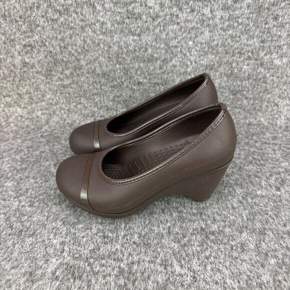 ✅Crocs Lena Womens 7W Cap Toe Wedge Brown Slip-On Heel Pumps Casual Comfort Shoe - Picture 6 of 11
